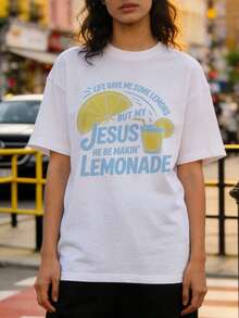 Women's Summer Clothing, Soft And Casual Cotton T-Shirt With Round Neck, Lemon Print With The Phrase "LIFE GAVE ME SOME LEMONS BUT MY JESUS HE BE MAKIN' LEMONADE". Black Color. - 白色 - 查看 2