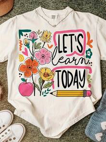 Boho T-Shirt For Women And Unisex - Let's Learn Today, Retro Floral Print And Pencil Sleeve, Short Sleeve, Soft And Breathable Summer Garment, Back To School Gift - Machine Washable Boho Graphic Tee - Vintage Urban Style, Unisex, Loose Fit, Cotton, Short Sleeve, Crew Neck - 白色 - 查看 1