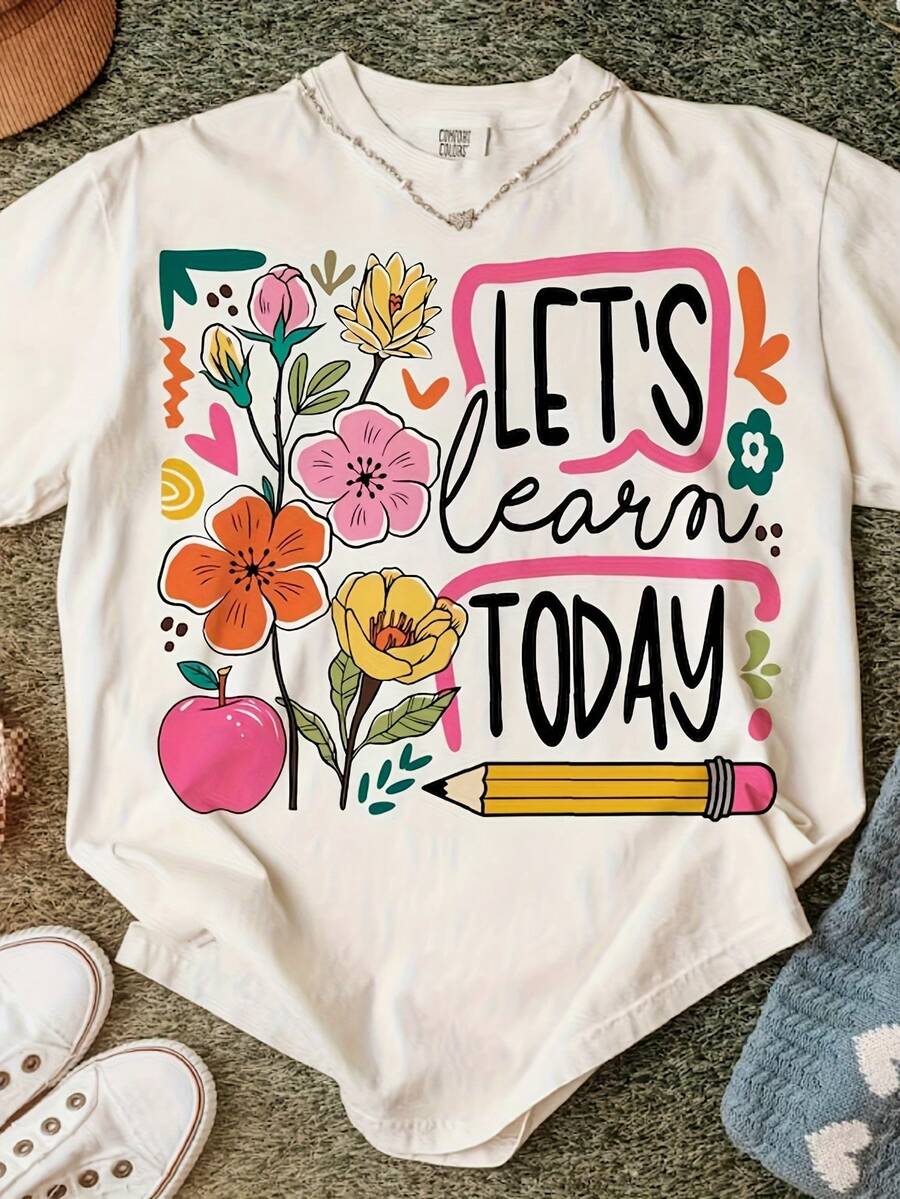 Boho T-Shirt For Women And Unisex - Let's Learn Today, Retro Floral Print And Pencil Sleeve, Short Sleeve, Soft And Breathable Summer Garment, Back To School Gift - Machine Washable Boho Graphic Tee - Vintage Urban Style, Unisex, Loose Fit, Cotton, Short Sleeve, Crew Neck - 白色 - 查看 1