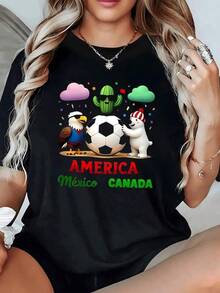 Cactus Wearing Glasses Celebrates Soccer Alongside An Eagle And A Polar Bear, Symbolizing The Joyful Union Between Mexico, Canada, And America. Women's Casual, Modern, Comfortable T-Shirt For Everyday Wear. - 黑色 - 查看 6