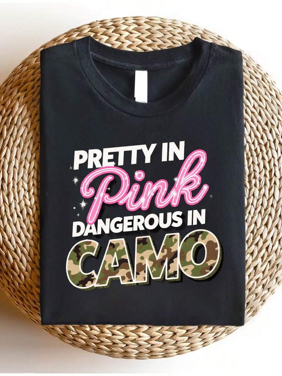 Camiseta Casual para Mujer en Camuflaje Rosa - Corte Relajado, Modelo Normal, Manga Corta, Cuello Redondo, con un Impresionante Diseño de Camuflaje y Tipografía Rosa, Silueta en Forma de H, Ideal para Uso Diario, Perfecta para Amigos y Familiares (Lavable a Máquina) Ropa Infantil - Negro - Ver 1