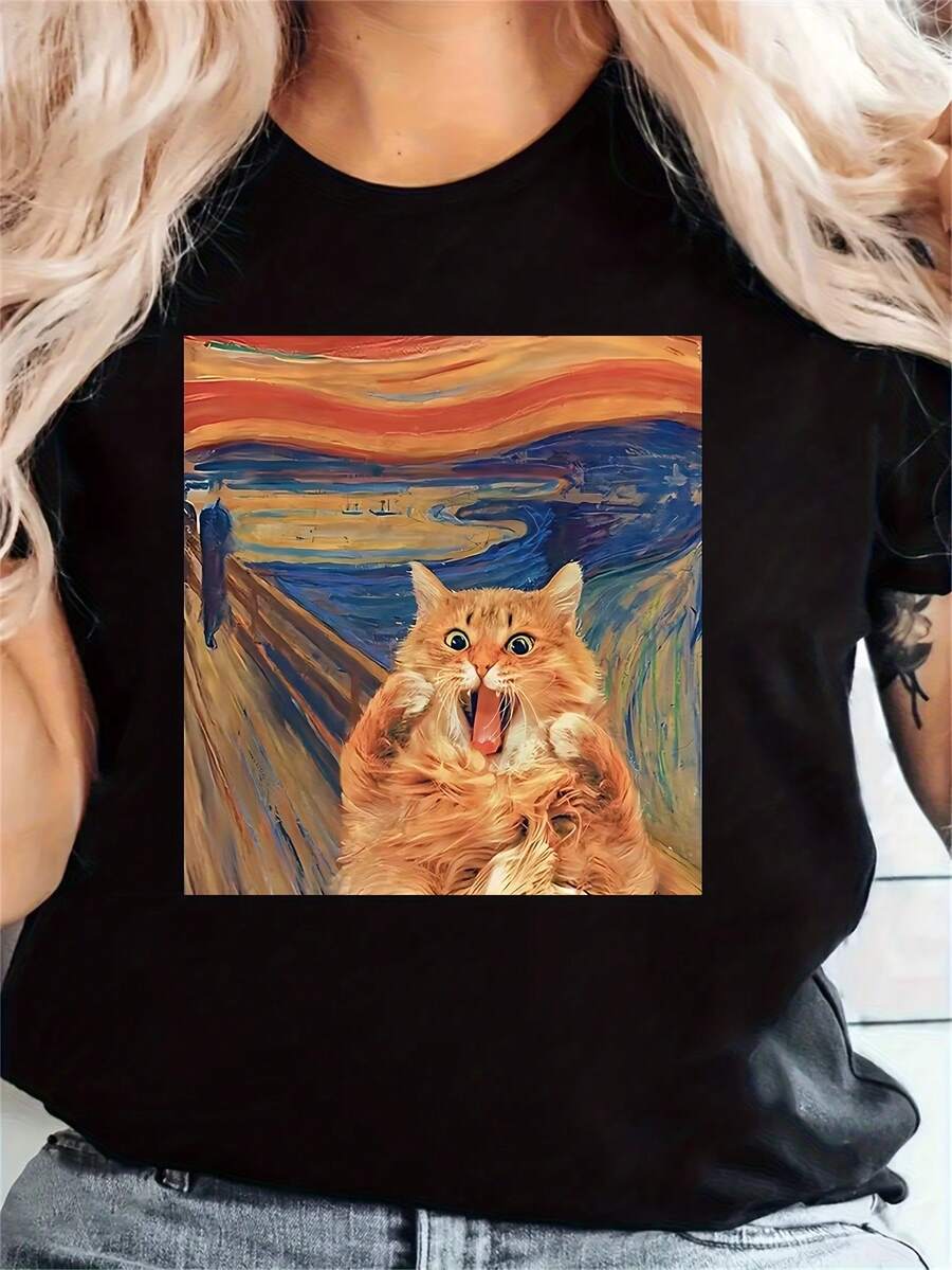 Camiseta Negra para Mujer - Parodia Divertida de Gato Gritando y Noche Estrellada de Van Gogh - Camiseta Gráfica Retro Y2K - Camiseta Casual Lavable a Máquina para Uso Diario - Regalo de Cumpleaños o Halloween para Mujer, Camisetas Lindas, Camiseta de Ajuste Cómodo Y2k Camiseta Camisa De - Negro - Ver 1