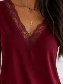 Casual Lace Patchwork Short Sleeve T-Shirt, Summer - Burgundy - View 4