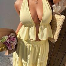 SunnyBelle 2pcs Solid Color Sexy Minimalist Vacation Style Halter Neck Loose Long Skirt Set, Elegant Beach Skirt Set Butter Yellow Two Piece Set Vacation Outfits Woman Skirt Set Maxi Skirt Two Piece Set Summer Skirt And Top Set - Amarillo - Ver 6