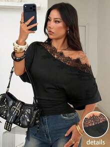 Camiseta esencial de uso diario con cuello asimétrico y cintura ceñida, apta para todo el año, para conciertos y raves con estilo Y2K para mujeres - Negro - Ver 1