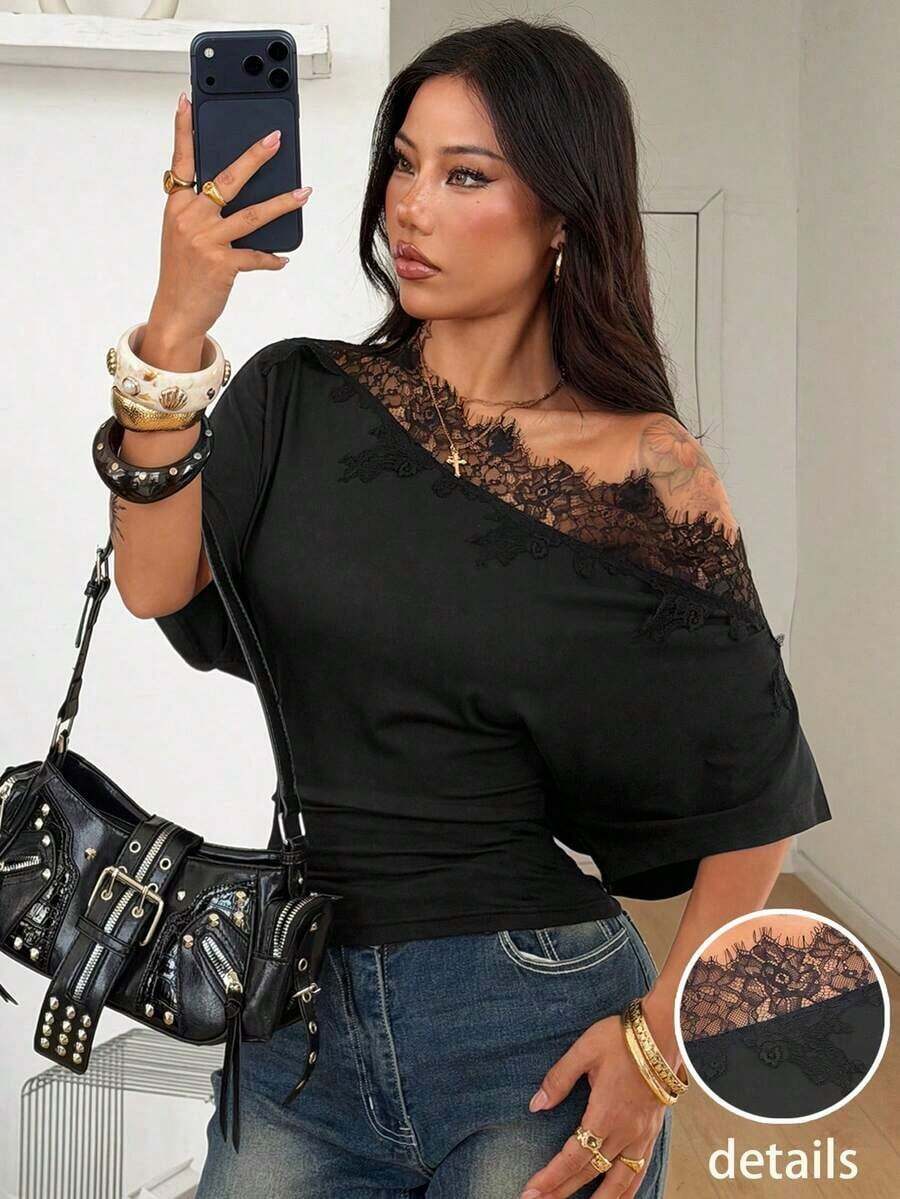 Camiseta esencial de uso diario con cuello asimétrico y cintura ceñida, apta para todo el año, para conciertos y raves con estilo Y2K para mujeres - Negro - Ver 1