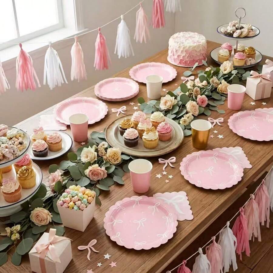 99个/50个/25个/20个/10个粉色蝴蝶结图案纸盘,7英寸食品托盘,专为餐桌设计,适用于下午茶、婚礼、新婚宴、庆祝活动、生日、聚会、甜点桌等场合。 - 彩色 - 查看 1