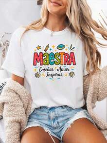 1 Piece Of Women's Short-Sleeved Sports T-Shirt With Round Neck, With Spanish Letter Print, For Casual Use In Spring And Summer, 180g, 100% Cotton. - White - View 1