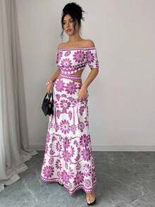 de moda con estampado floral, hombros descubiertos, manga corta y cintura hueca - Morado - Ver 7