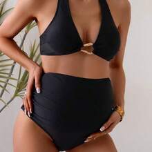 Swim Vcay Conjunto de bikini de unicolor con cuello halter para mujeres embarazadas - Morado - Ver 4