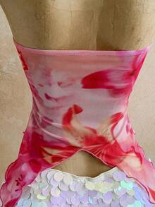 Camiseta asimétrica con decoración de conchas marinas, adecuada para vacaciones en la playa, verano - Rosa - Ver 4
