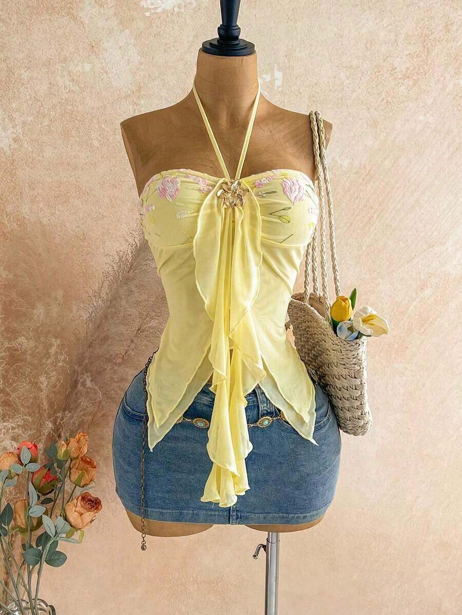 Camiseta asimétrica con decoración de conchas marinas, adecuada para vacaciones en la playa, verano - Amarillo - Ver 1