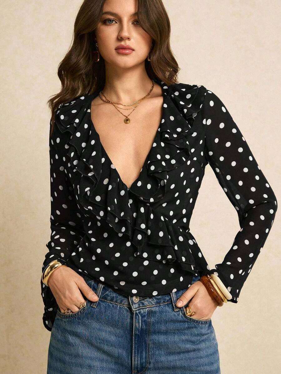 Blusa de moda sexy para mujer con dobladillo con volantes, escote en V profundo, estampado de lunares y mangas acampanadas - Negro - Ver 1