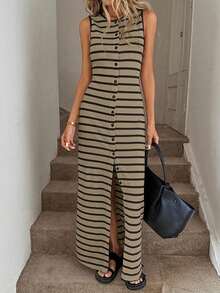 Vestido ajustado a rayas blancas y negras con abertura frontal, informal, para negocios y resorts, lindo vestido de verano, adecuado para las temporadas de primavera, verano, otoño e invierno, ropa informal de negocios para la vuelta al cole, atuendos para salir, ropa para la vuelta al cole, atuendos para maestras, vestido color crema, vestido elegante de playa largo para mujer. - Gris volcánico - Ver 2