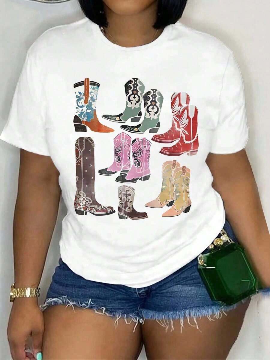 1 Piece Of Women's Retro Western Graphic Tee Featuring "Boots On The Ground" Design, Cowboy Boots And Hat, Vibrant Print, Casual Short Sleeves, Ideal For Travel, A Festival Top, Comfortable Crew Neck Short Sleeve Tee For Casual Wear And Themed Events Or As A Gift. 180g 100% Cotton, All Designs Are Printed. Unisex. - 白色 - 查看 1