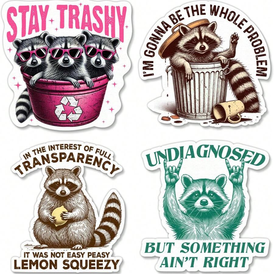 4PCS Funny Raccoon Sticker – Raccoon Gift, Stay Trashy, Sarcastic Humor Sticker For Laptop, Water Bottle, Phone, Journaling, Hard Hat, Car Bumper - A - View 1