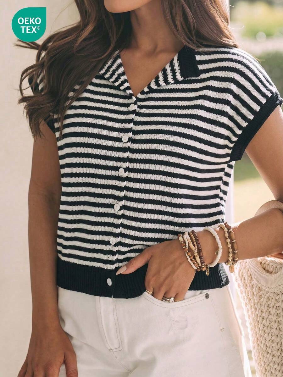 Blusa de botones con estampado de rayas blancas y negras de corte holgado, estilo retro francés y minimalista casual, versátil para mujer