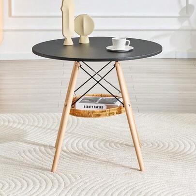 Round Dining Table Ø 80 Cm, Tabletop Made Of Black MDF, Table Legs Made Of Solid Wood, Combined With A Floating, Woven Storage Basket Construction, Suitable For 2 To 4 People.