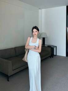 Women's Halter Neck Dress, Dark Greyish Green, Knit Design With Knot At The Waist And Decorative Ribbons, Fitted Stretch Fabric, Modern Elegant Style, Ideal For Everyday Wear. - 白色 - 查看 6