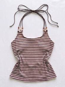 Women's Knit Striped Camisole, Regular Length, Open Back Tie Strap Design - Pink - View 4