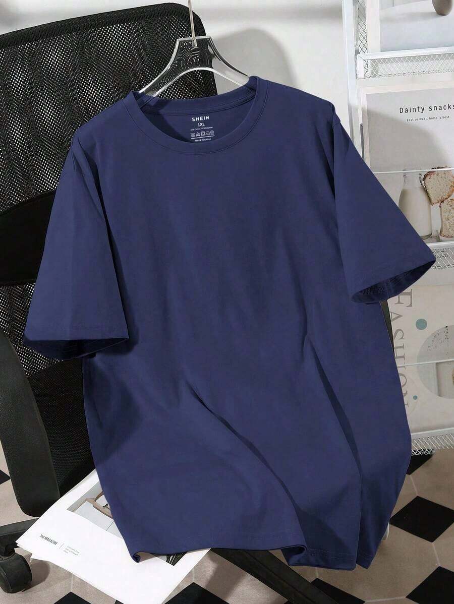 Camiseta casual versátil de mujer talla grande de cuello redondo y manga corta, de color liso - Azul marino 2 - Ver 1