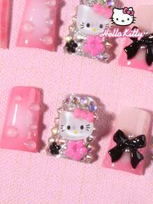 SANRIO 24片中号3D立体豹纹粉色法式美甲贴纸，包含可爱的3D Hello Kitty、蝴蝶结、爱心、钻石星星、棒棒糖、水钻和花朵装饰，粉嫩少女风，适合日常和派对。套装包含1瓶果冻胶和1把指甲锉。适合女性和女孩使用。 - 彩色 - 查看 4
