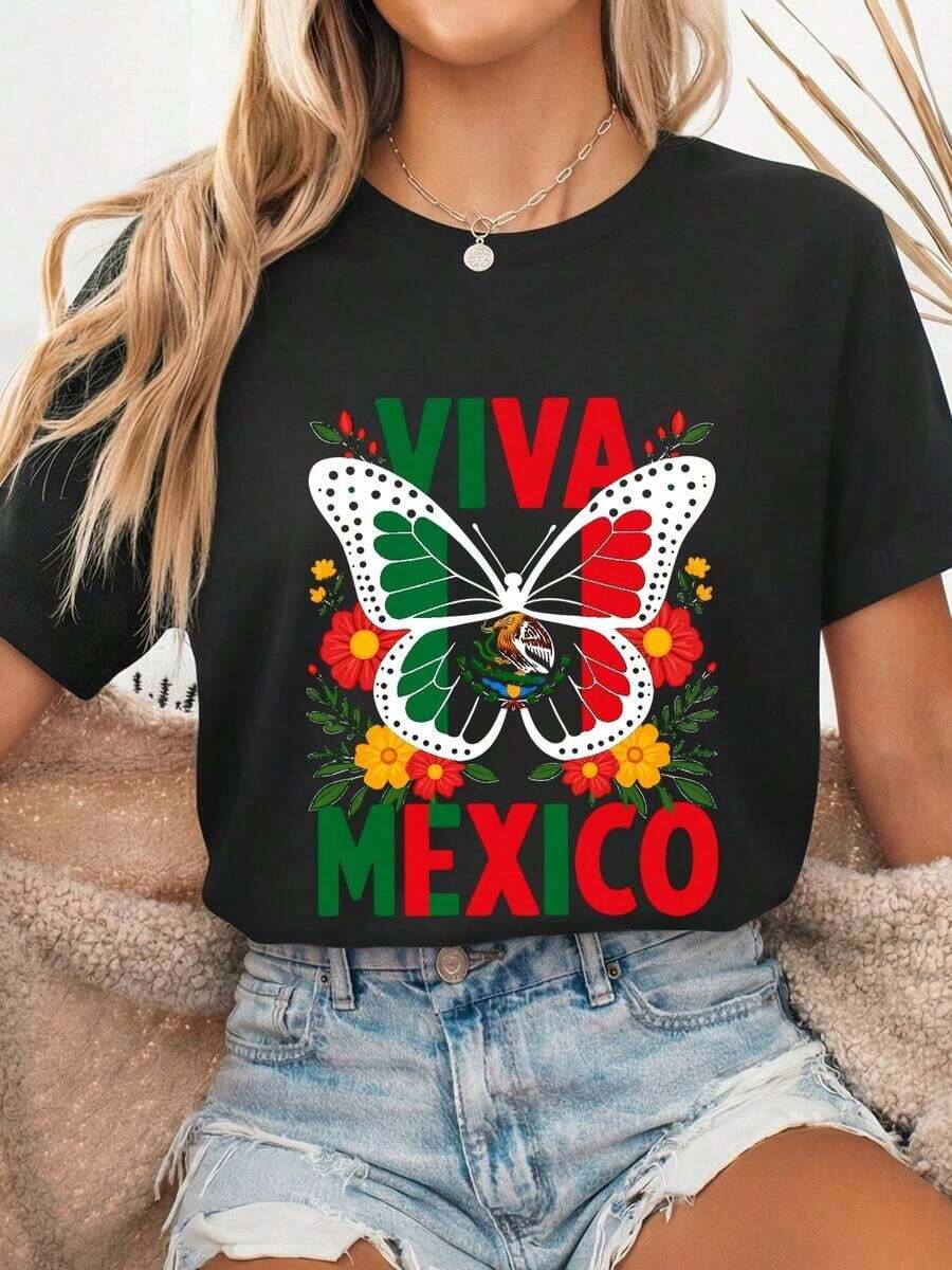 Viva Mexico T-Shirt With Mexican Butterfly Flag For Independence Day, 100% Cotton, Short Sleeve, Round Neck, Unisex, Mexican Pride Gift, Monarch Floral Graphic T-Shirt, Cinco De Mayo, For Summer. - 黑色 - 查看 1