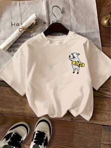Camiseta de manga corta con estampado de oveja en dos caras, estilo casual, cuello redondo, ropa suave para mujer. - Albaricoque - Ver 3