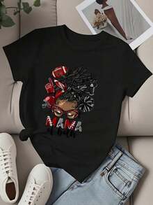 Camiseta de cuello redondo para mujer con estampado "Mamá de Fútbol Americano y Animadora", manga corta, para mamá fanática de los deportes, ropa casual. - Negro - Ver 2