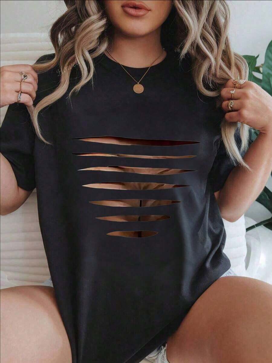 Camiseta Casual de Manga Corta para Mujer - Aberturas Horizontales en la Parte Delantera de la Camiseta, Cuello Redondo, Top de Verano, Lavable a Máquina, Camisetas para Damas, Ropa Casual, Estilo Moderno, Ajuste Cómodo
-Blanco - Negro - Ver 1