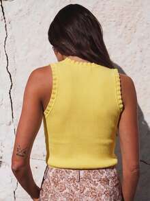 Women's Ruffle Trim Ribbed Knit Tank Top, Round Neck Sleeveless Slim Fit, Elegant Casual Y2K Street Style Summer Outerwear Top Yellow - Yellow - View 8