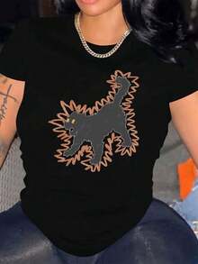 Plus Size Women's 100% Cotton T-Shirt, Cat Lover, White - Black Cat And Yellow Eye Print With Leaf Design - Soft, 100% Cotton, Round Neck, Short Sleeve - Lightweight And Breathable For Spring And Summer (Machine Washable) - Casual Everyday Wear. - 黑色 - 查看 6