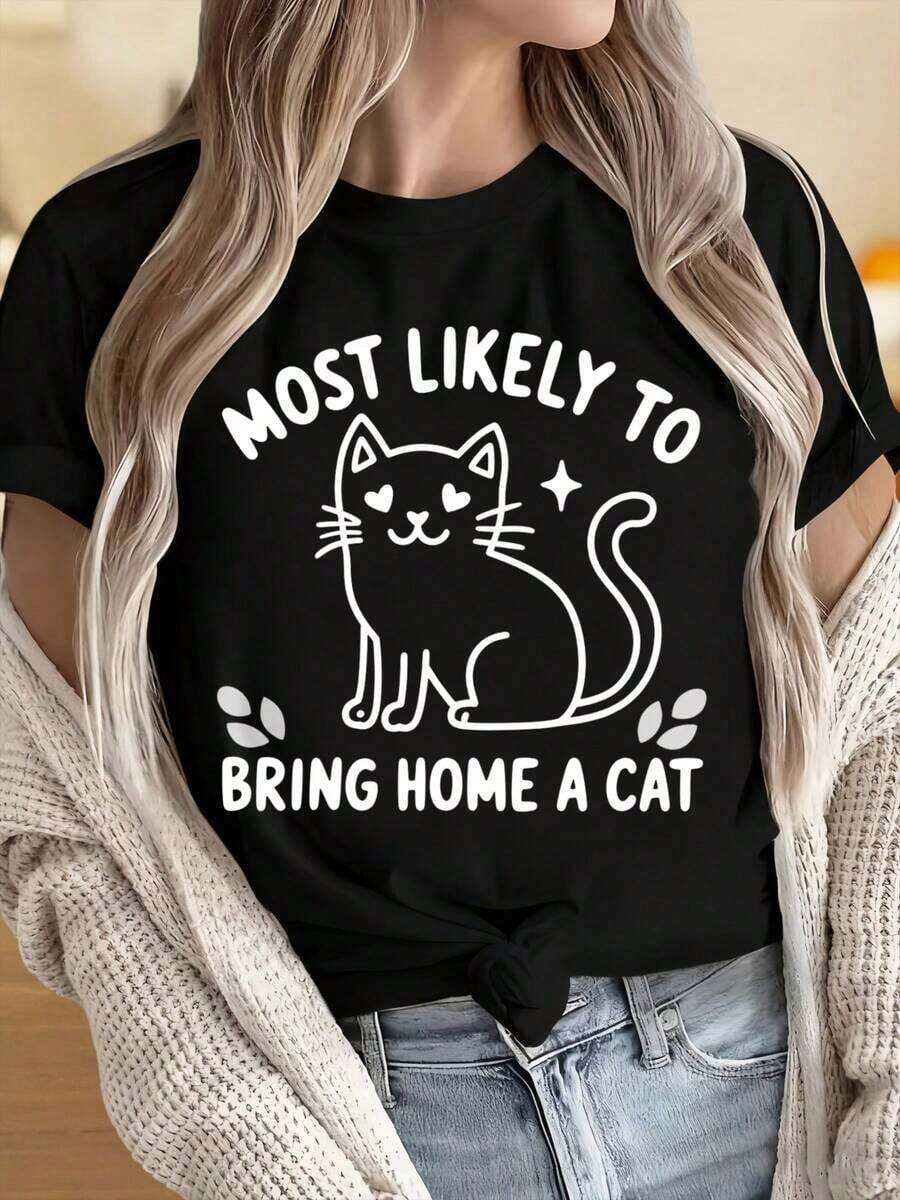 Camisetas de verano para mujeres y hombres con cuello redondo y mangas cortas. Es muy probable que alguien compre una camiseta con diseño de gato para los amantes de los felinos. Camiseta con gráfico de gatito lindo, top casual de moda para mujer. Los estampados divertidos son adecuados para fiestas de Navidad, actividades deportivas, fiestas de vacaciones, salidas, deportes y otros regalos navideños (220g). Camiseta de manga corta para mujer, estilo básico que combina con todo, para uso interior y exterior. - Negro - Ver 1