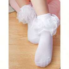 Calcetines casuales para niñas de color sólido con volantes, 1 par - Blanco - Ver 6