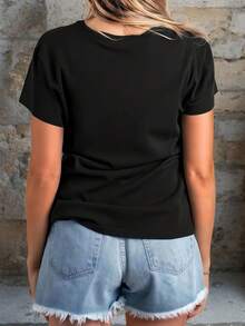 Camiseta de impresión de gato y esqueleto gótico para mujeres, cuello de tripulación casual, manga corta, 95%  5% elastano, tejido de punto de 170gsm, todas las estaciones, largo regular - Negro - Negro - Ver 2