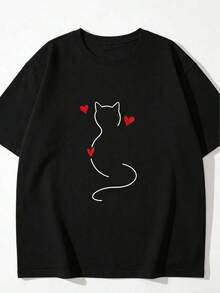 Plus Size Women's Short Sleeve T-Shirt, Loose Fit T-Shirt, Black Round Neck With Heart And Cat Print, Short Sleeve, Slightly Loose And Comfortable Fit For Spring, Summer And Autumn, Sweet And Cool Casual Top For Leisure Time. - 黑色 - 查看 3