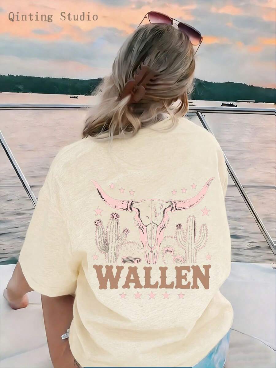 Women's Casual Crew Neck T-Shirt, 1 Piece, Ultra Soft And Breathable, With A Bohemian Design Featuring Cow Heads, Cacti And Other Patterns, Labeled "WALLEN", Perfect For Beach Surf Vacations And For Casual Spring/Summer Wear. - 杏色 - 查看 1
