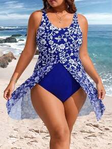 Traje de baño de una pieza con estampado retro y tirantes de malla de contraste para mujer de talla grande - Azul marino - Ver 5