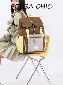 Mochila casual de bloques de color, bolsa escolar con solapa de cordón para adolescentes y mujeres, ligera y duradera, disponible en múltiples colores ideal para la escuela, viajes de fin de semana, recados y actividades al aire libre, compartimentos espaciosos para libros, portátiles y artículos esenciales, panel trasero transpirable y correas ajustables para mayor comodidad - Multicolor - Ver 8