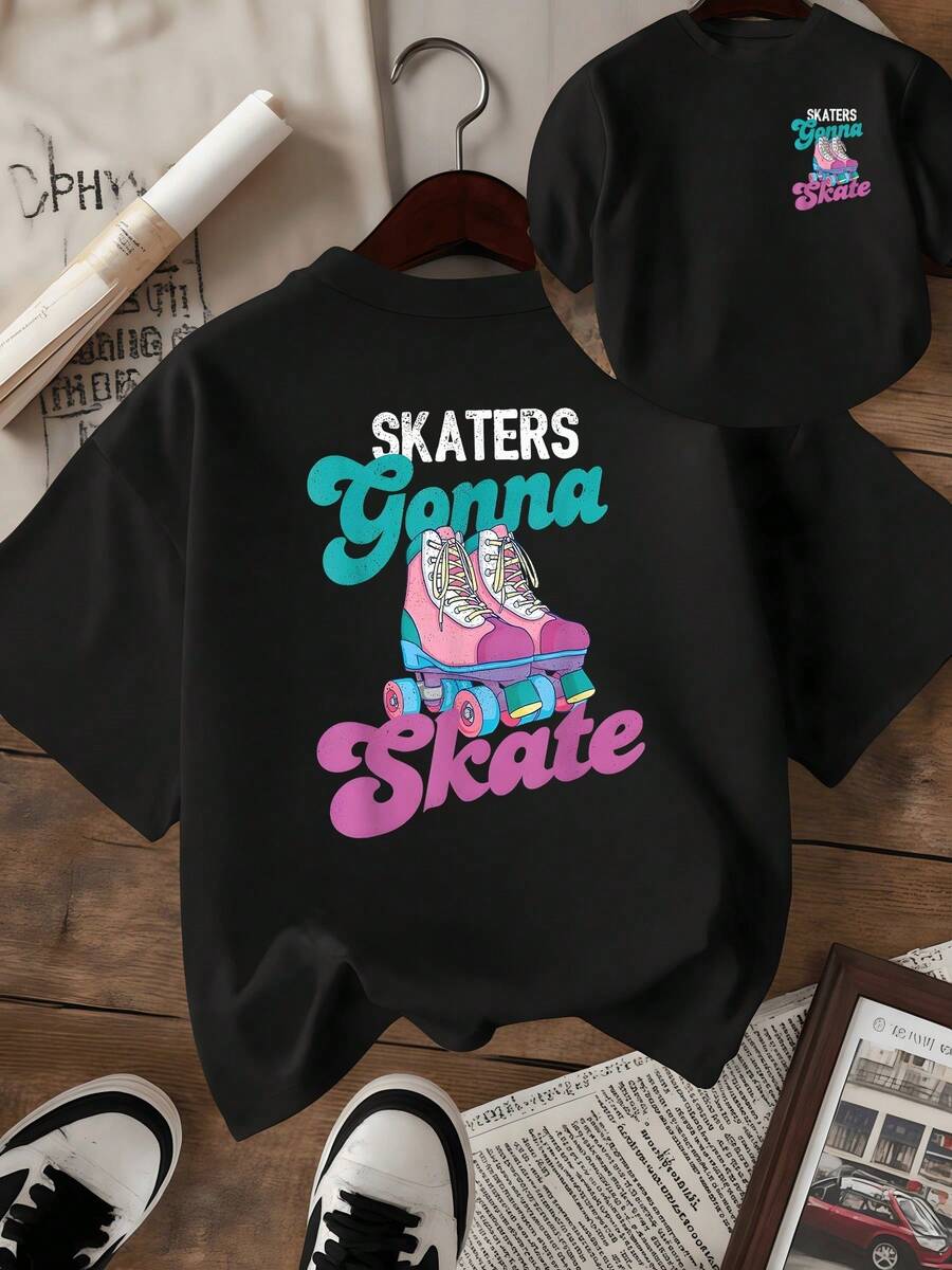 Colorful Roller Skates On A Dark Background Symbolizing Freedom, Youthful Energy, Movement, And Passion For Urban Life. Women's Double-Sided Casual Modern T-Shirt For Active Skaters. - 黑色 - 查看 1