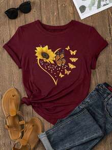 LUNE Blusa estampada con girasol y mariposa para mujer - Burdeos - Ver 9