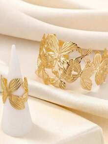 2件套优雅金属时尚夸张镂空蝴蝶花朵手镯戒指套装，奢华优雅精致可调节首饰，适合女性日常佩戴 - 首飾套裝 - 查看 4