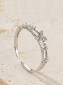 1 pieza Anillo ajustable de doble capa con mariposa y cristales de estilo frío - Anillo apilable brillante, joyería de declaración de verano para mujeres - Mariposa - Ver 4