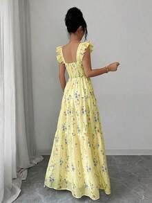 Elenzya Vestido con cintura fruncida y estampado floral para mujer, adecuado para ir a trabajar, salir, picnic, cita de San Valentín, resort de spa, fiesta en la playa, viajes y ocio - Amarillo claro - Ver 2