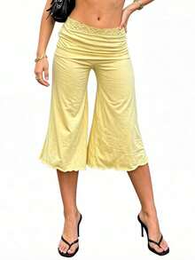 Women's Wide Leg Capri Pants, Low Waist Loose Fit Stretchy Cropped Trousers, Casual Y2K Streetwear Summer Daily Going Out Vacation Pants For Ladies - Vàng nhạt - Xem 4