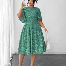 Elenzya Plus Size Women Ditsy Floral Round Neck Ruffle Sleeve Waist A-Line Midi Dress, Elegant Outdoor Wear - Verde - Ver 1