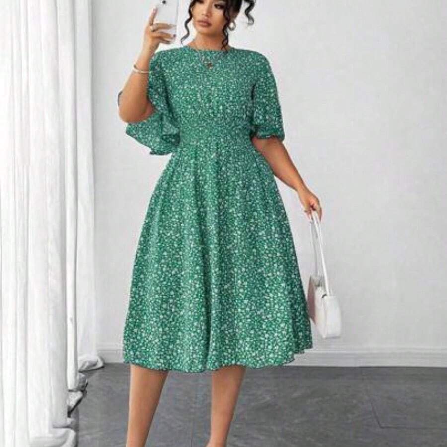 Elenzya Plus Size Women Ditsy Floral Round Neck Ruffle Sleeve Waist A-Line Midi Dress, Elegant Outdoor Wear - Verde - Ver 1