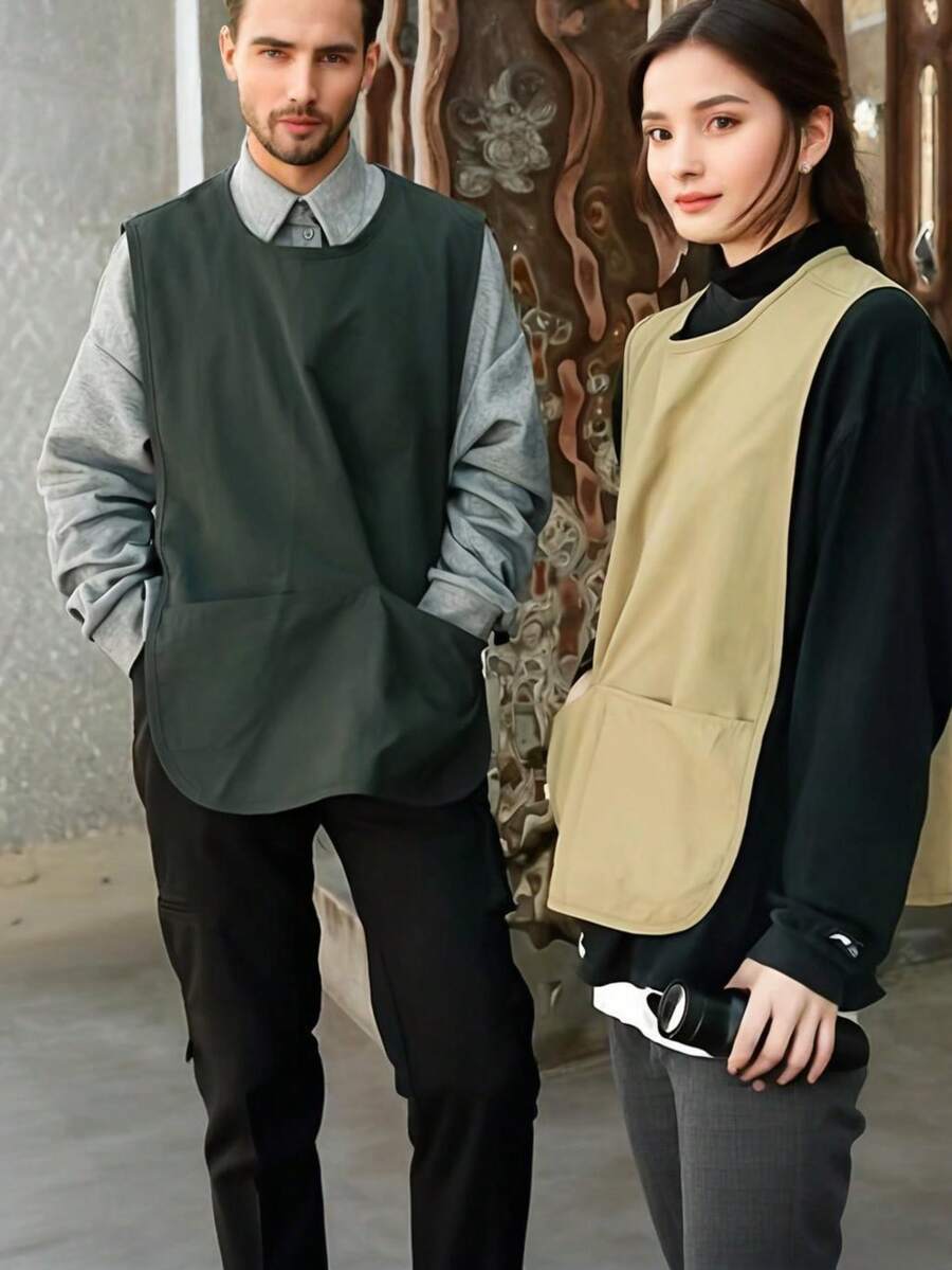 1pc Shirt-Style Apron With 2 Deep Pockets, Artistic Work Vest Suitable For Work, Painting, Cooking, Gardening, Office, And Cafe