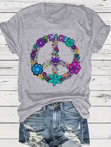 Camiseta Negra de Talla Grande para Mujer con Diseño Floral Vibrante y Símbolo de la Paz - Cuello Redondo Casual, Manga Corta, Top de Verano y Primavera, Ropa Casual|Top con el Símbolo de la Paz|Tela Elástica - Gris Claro - Ver 6