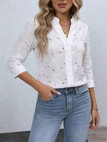 Blusa de mujer con bordado floral y cuello con muesca, manga 3/4.Tops de manga tres cuartos - Blanco 5 - Ver 5